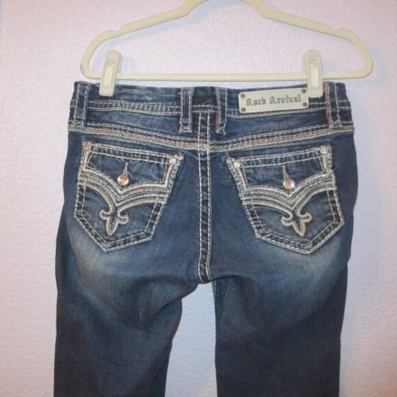 Rock Revival Marie Bootcut Jeans 28x33 Bling Low Rise Flap Pocket Fleur di Lis - Picture 9 of 12